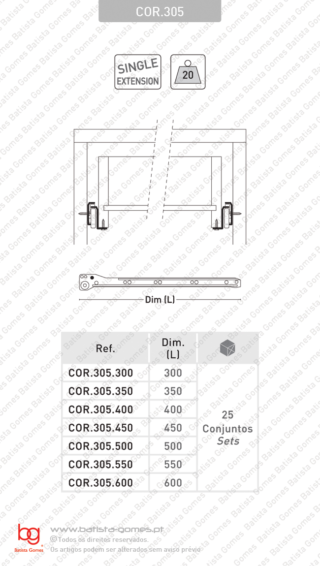 Corredi�as para gavetas - LOW COST Series / Extra��o parcial / 20Kg